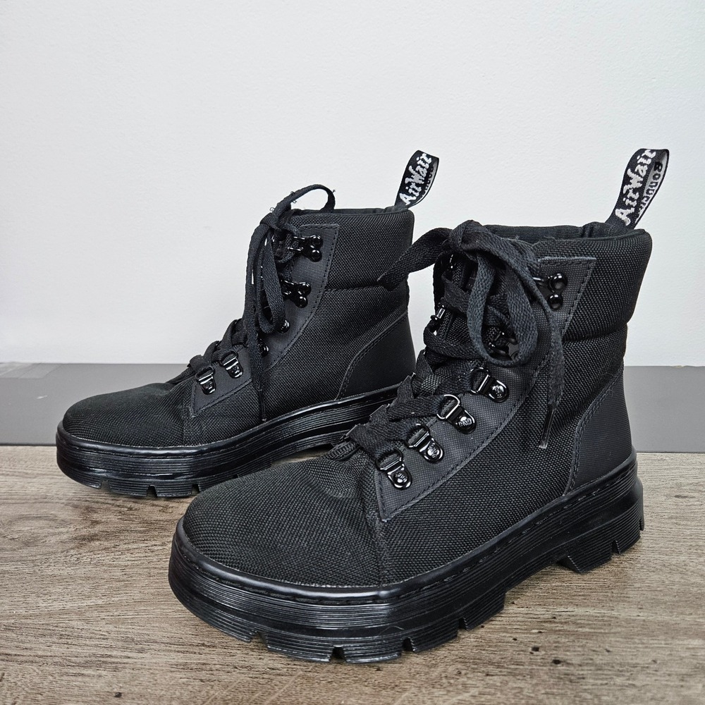 Dr Martens Combs Boots Womens Sz 7 Black Nylon Combat Casual 6 Eye Ankle Lace Up